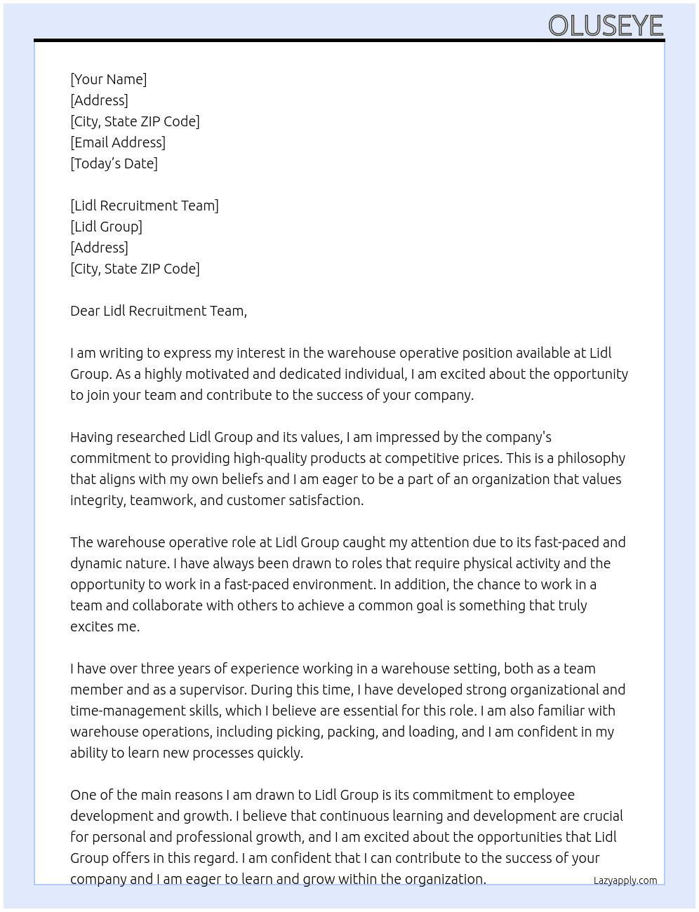 warehouse operative At lidl group Cover Letter