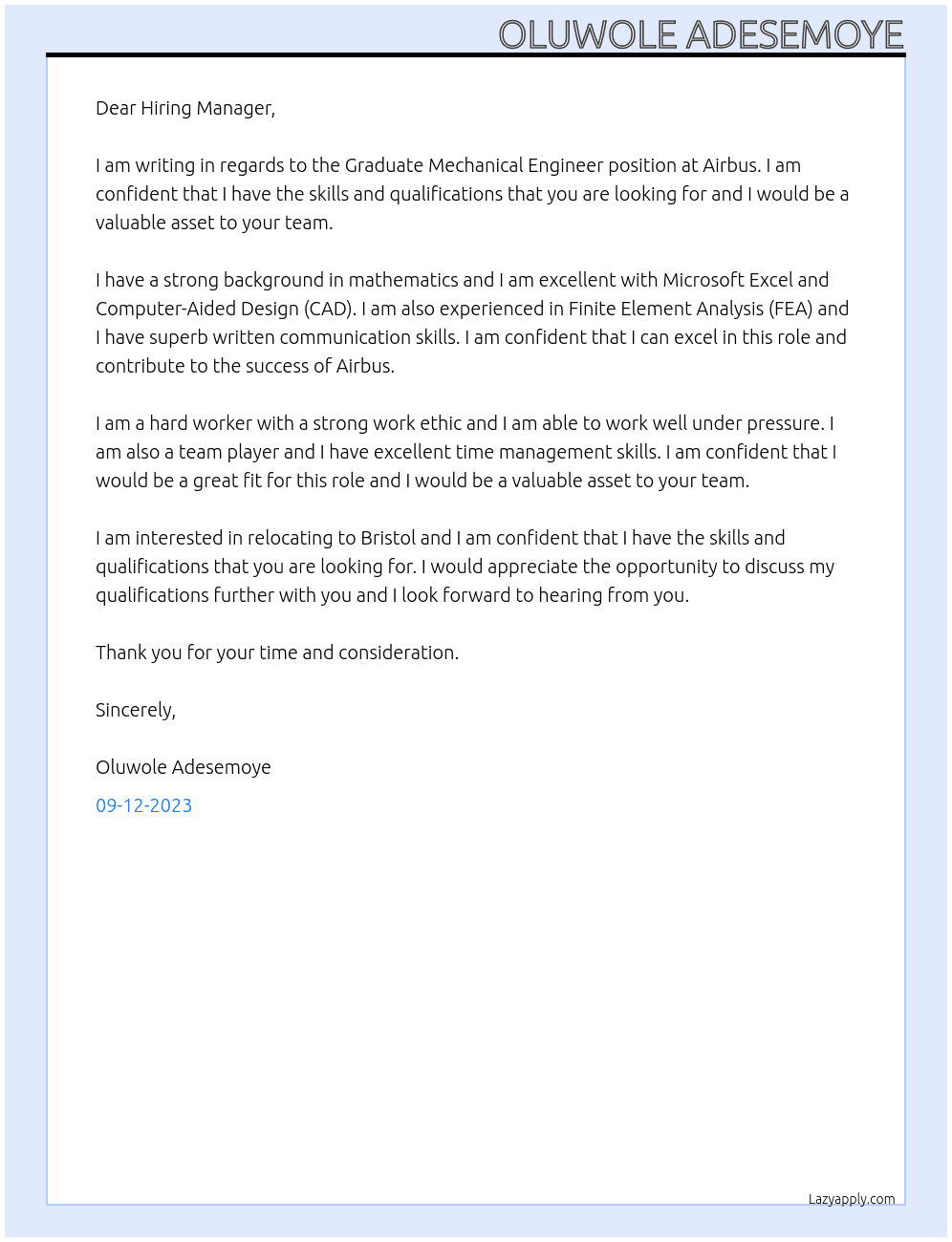 Graduate Mechanical Engineer At Airbus Cover Letter