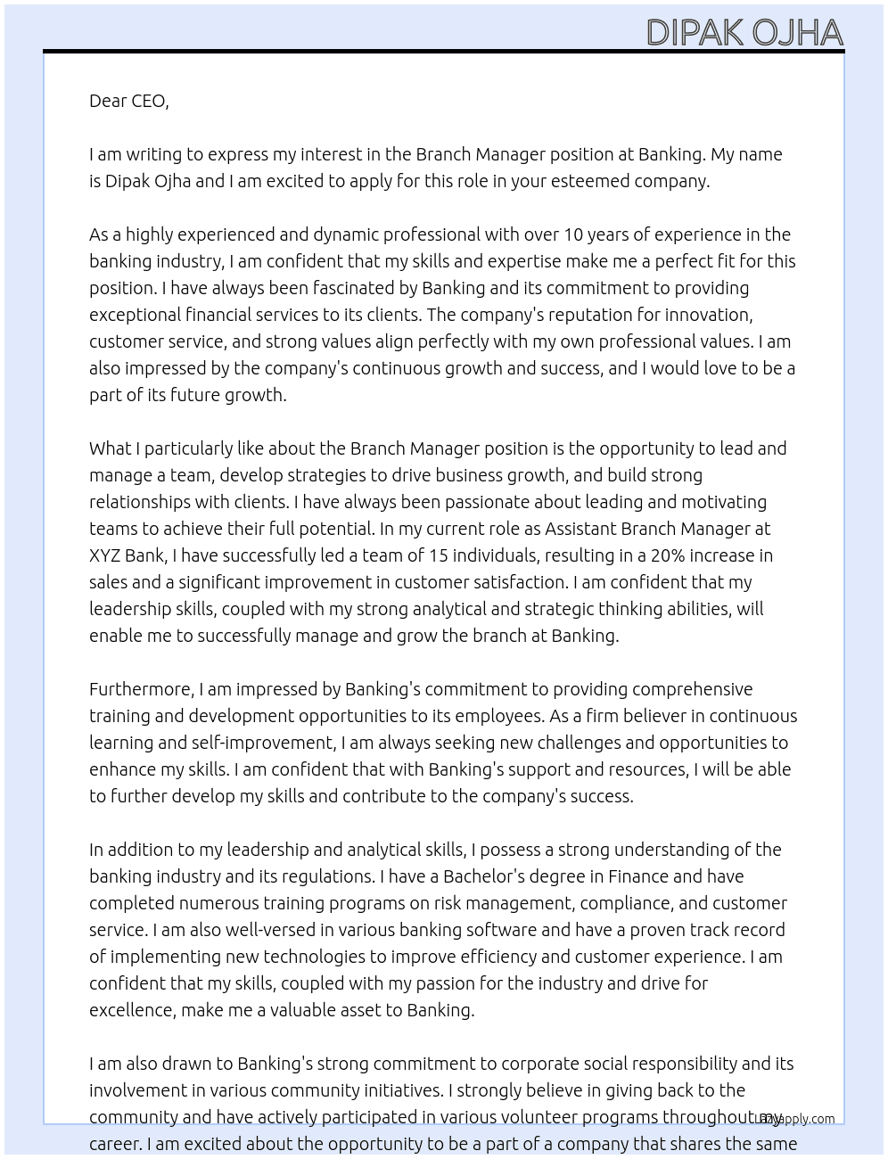 Branch Manager At Banking Cover Letter