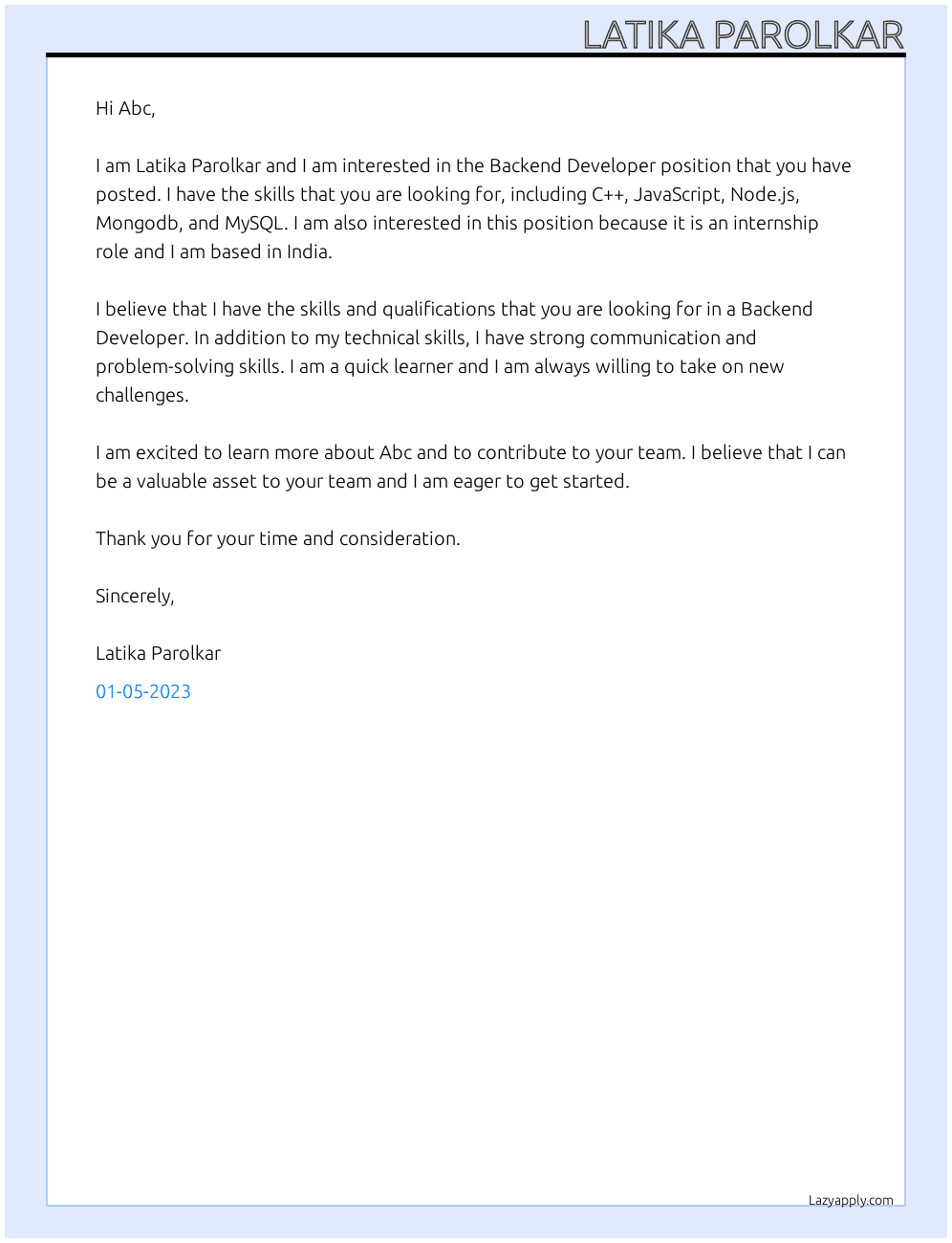 Backend Developer At Abc Cover Letter