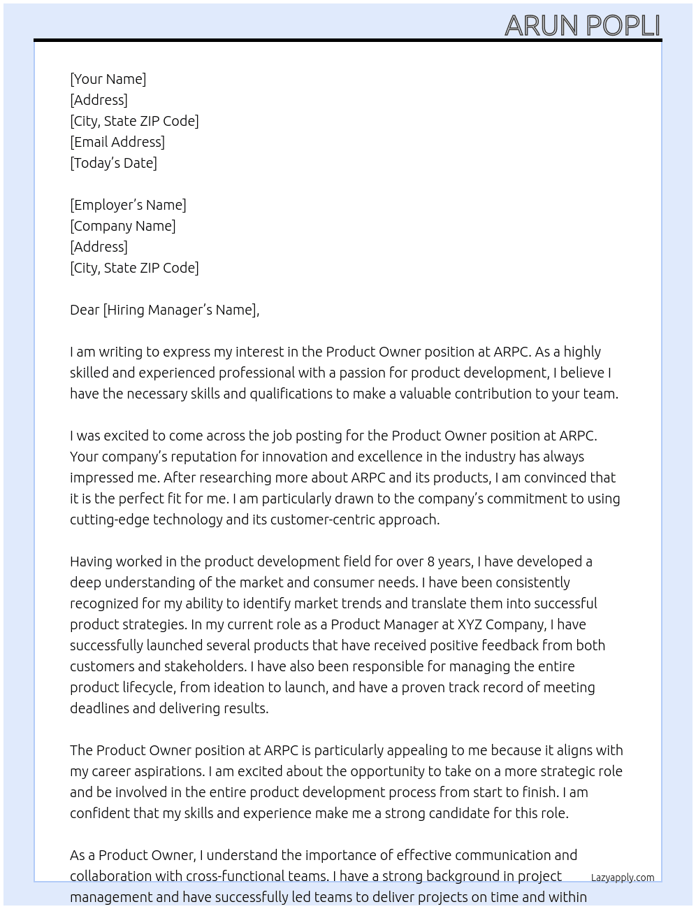 Product owner At ARPC  Cover Letter