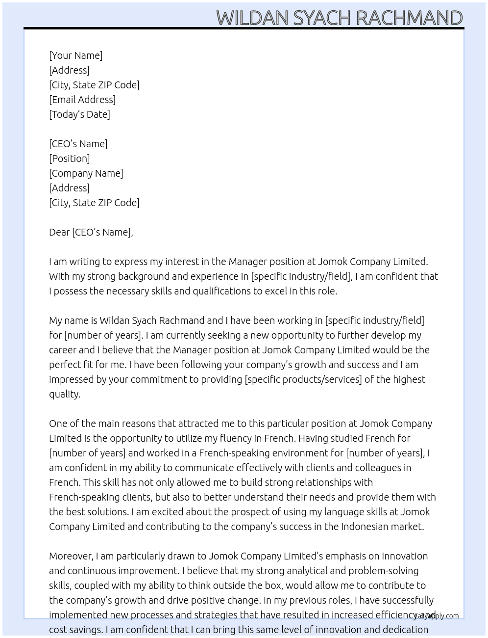 Manager At Jomok Company Limited Cover Letter