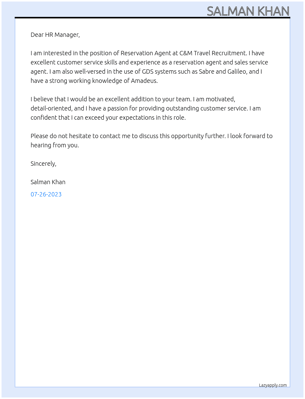 Resrvation Agent At C&M Travel Recruitment  Cover Letter