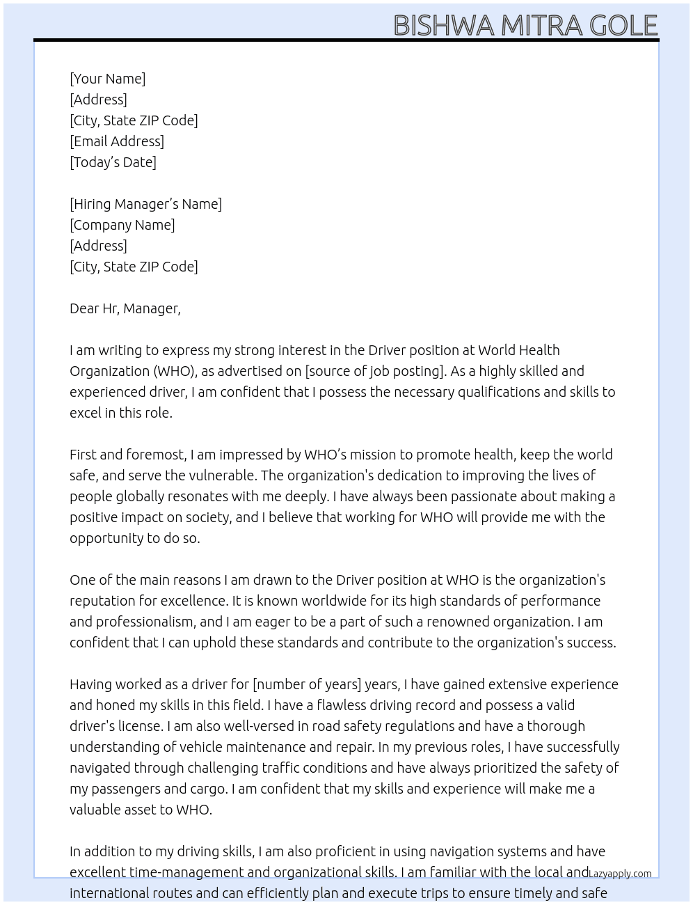 Driver At World Health Organization (WHO) Cover Letter