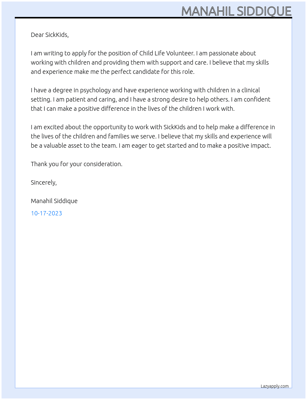Child Life Volunteer  At SickKids  Cover Letter
