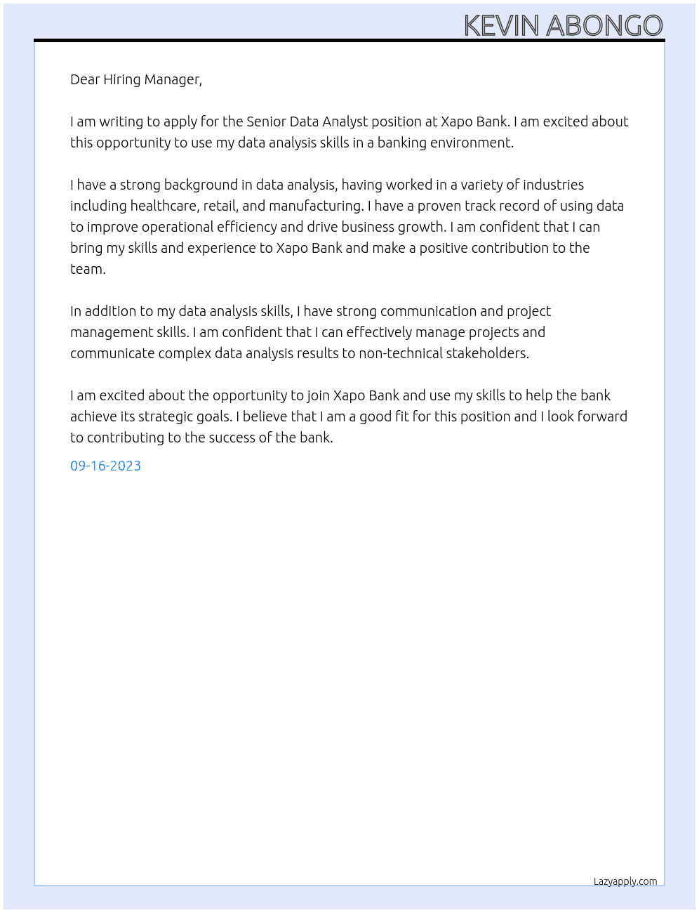 Senior Data Analyst At  Xapo Bank Cover Letter