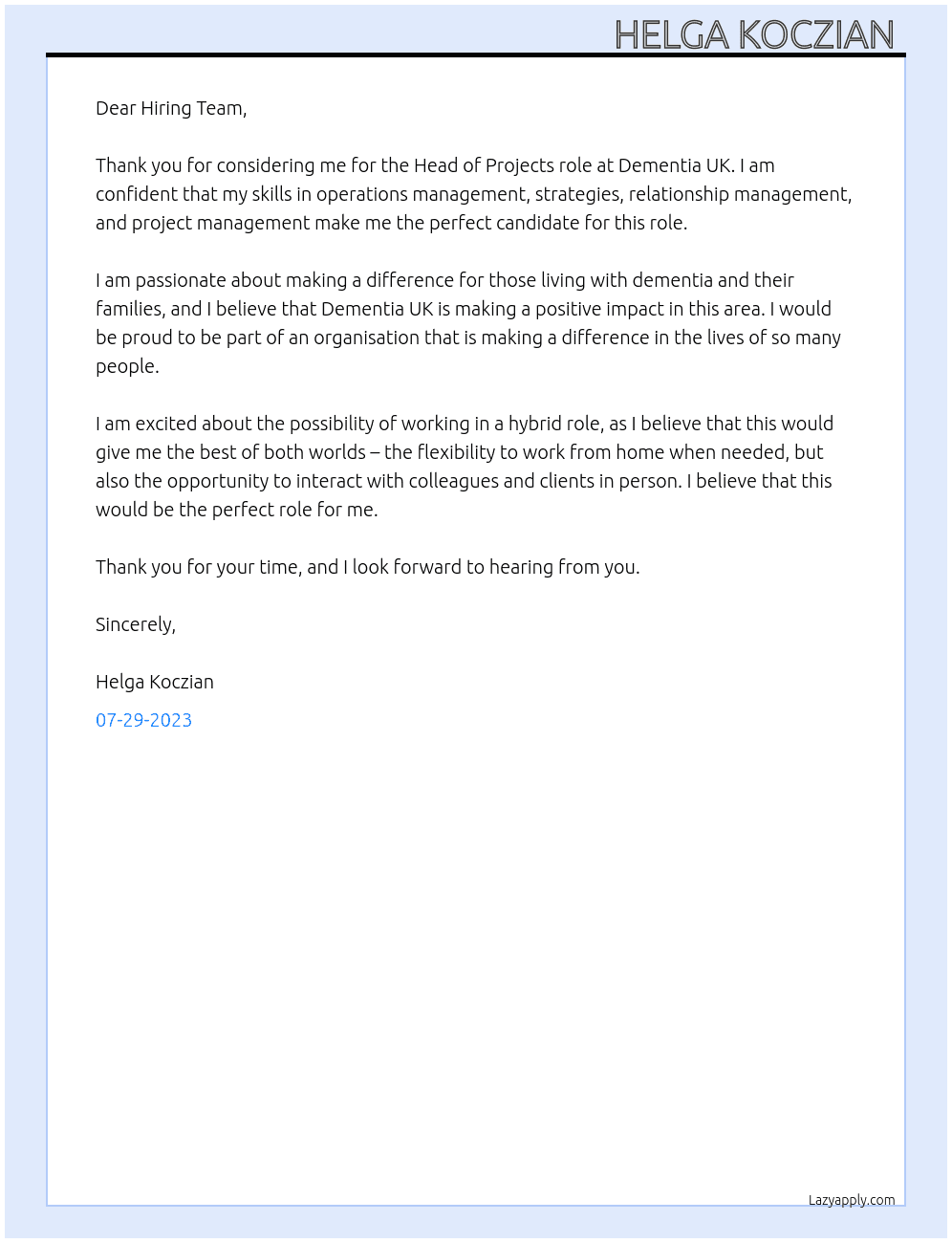 Head of projects  At Dementia Uk Cover Letter