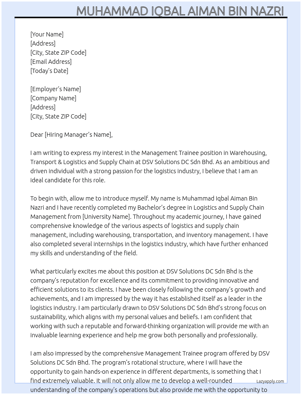 Management Trainee (Warehousing, Transport & Logistics and Supply Chain) At DSV Solutions DC Sdn Bhd Cover Letter