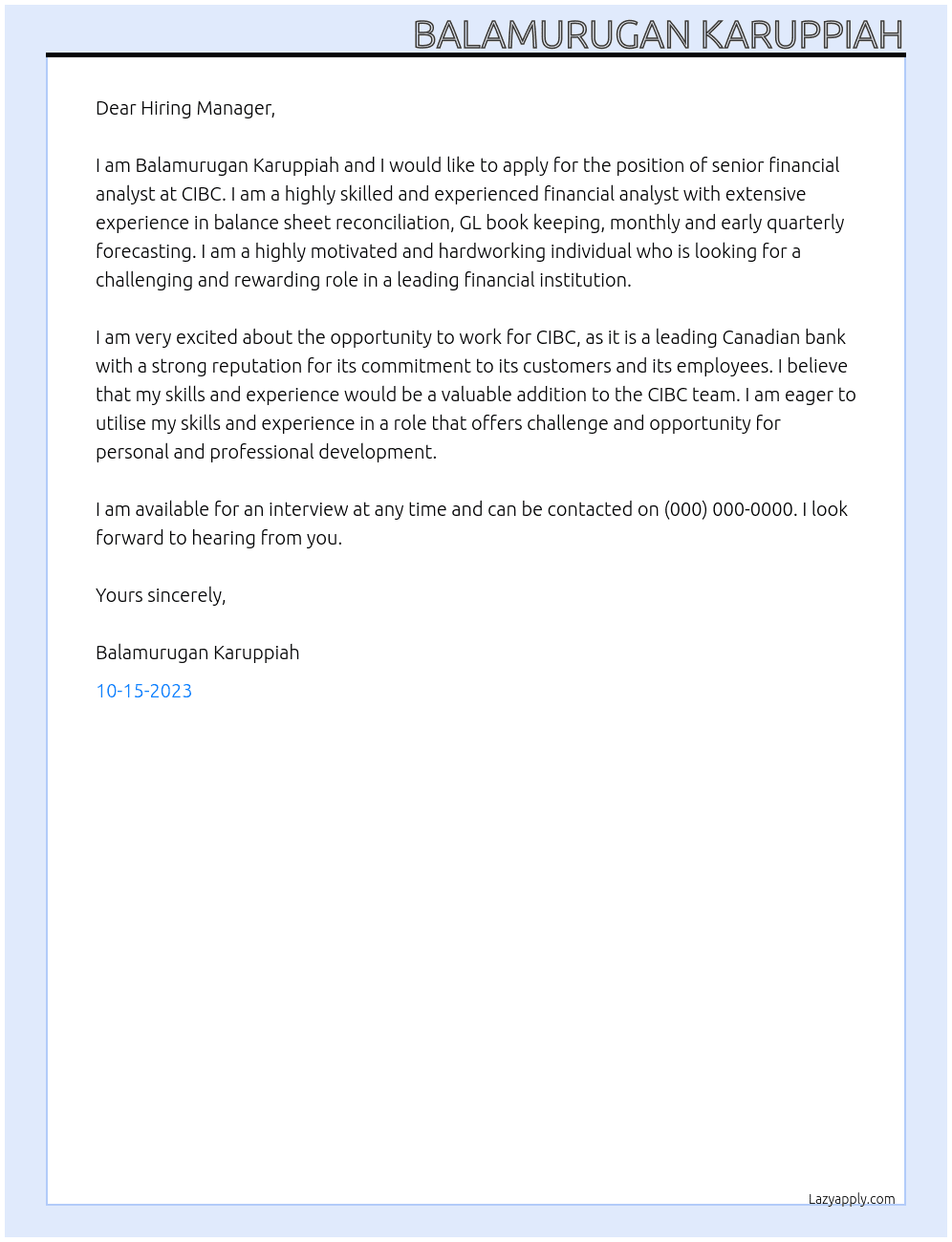 Senior financial analyst At CIBC Cover Letter