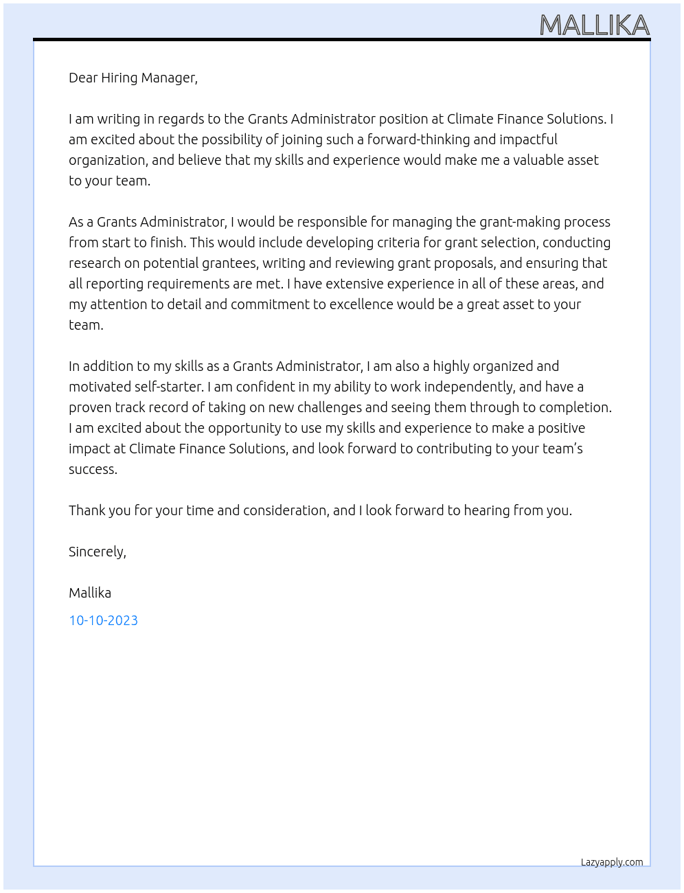 Grants Administrator At Climate Finance Solutions Cover Letter