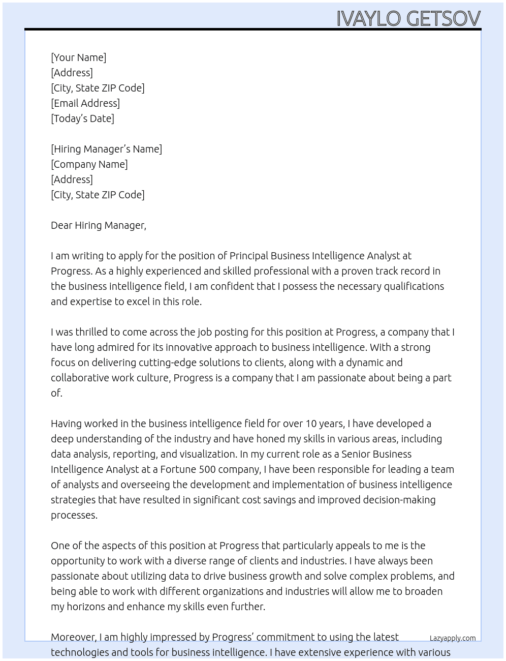 Principal Business Intelligence Analyst At Progress Cover Letter