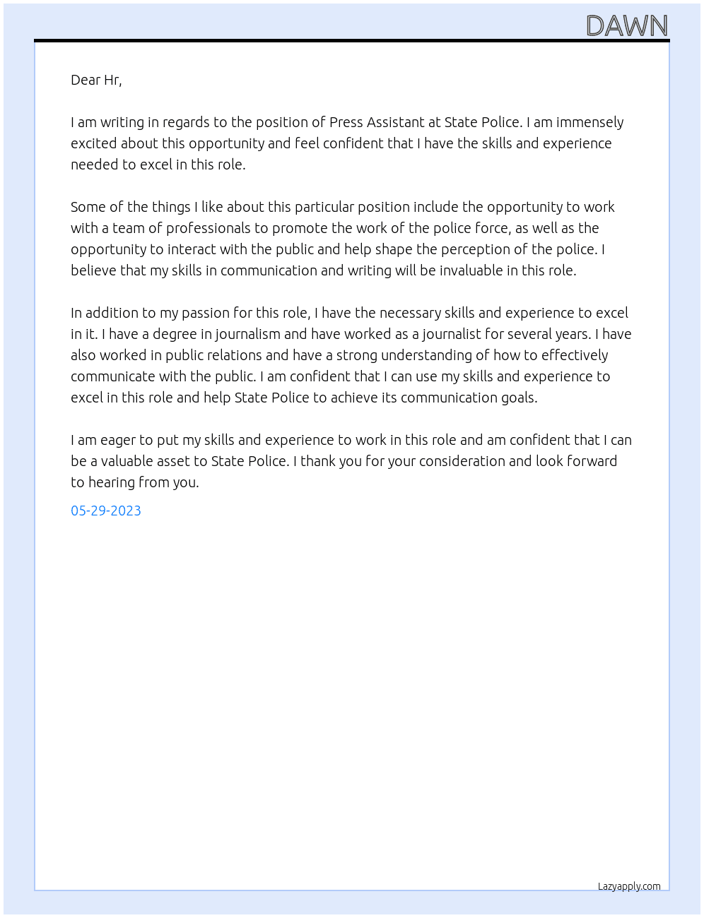 Press assistant At State police Cover Letter