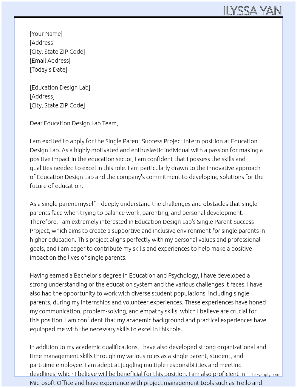 Single Parent Success Project Intern At Education Design Lab  Cover Letter