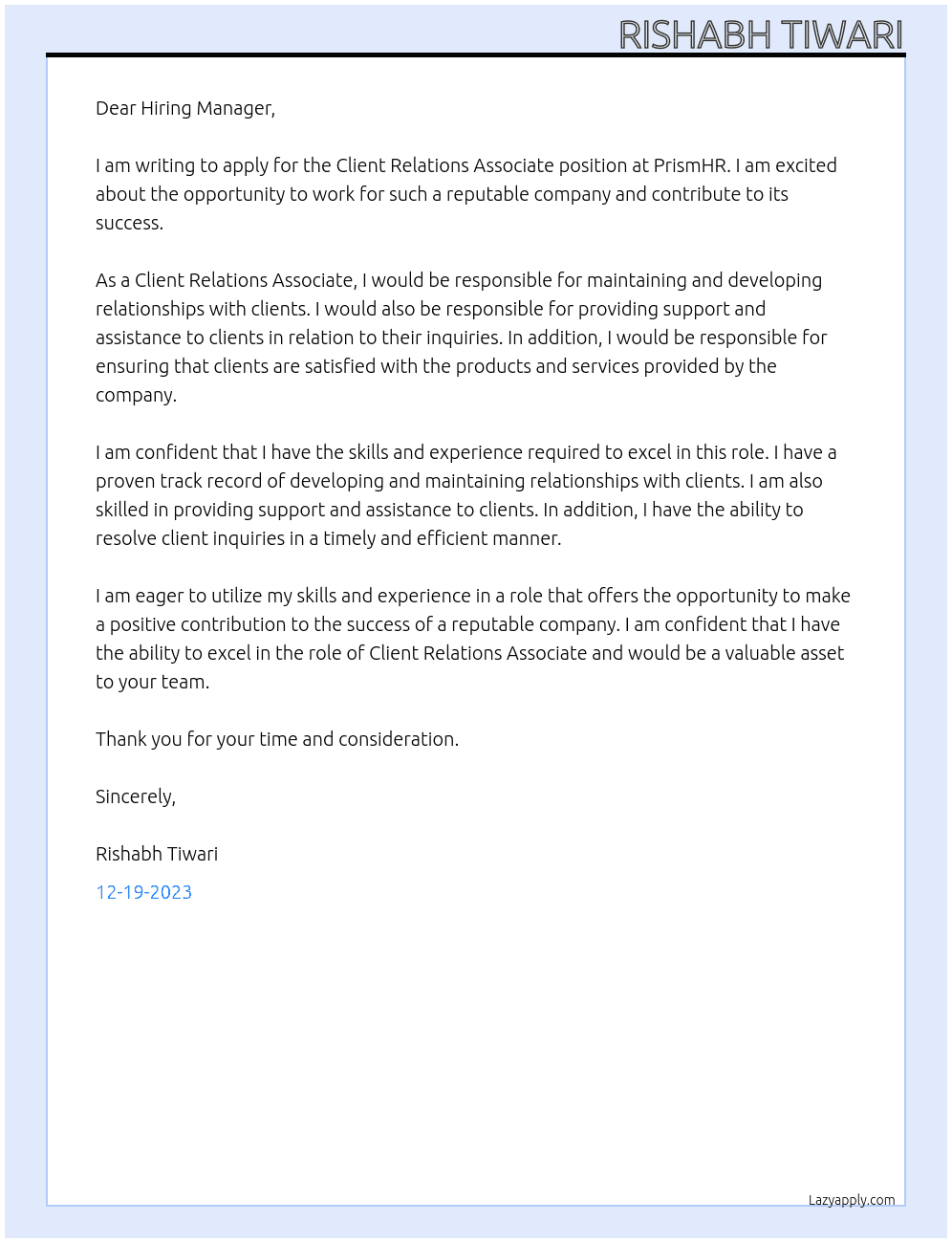 Client Relations Associate  At PrismHR Cover Letter