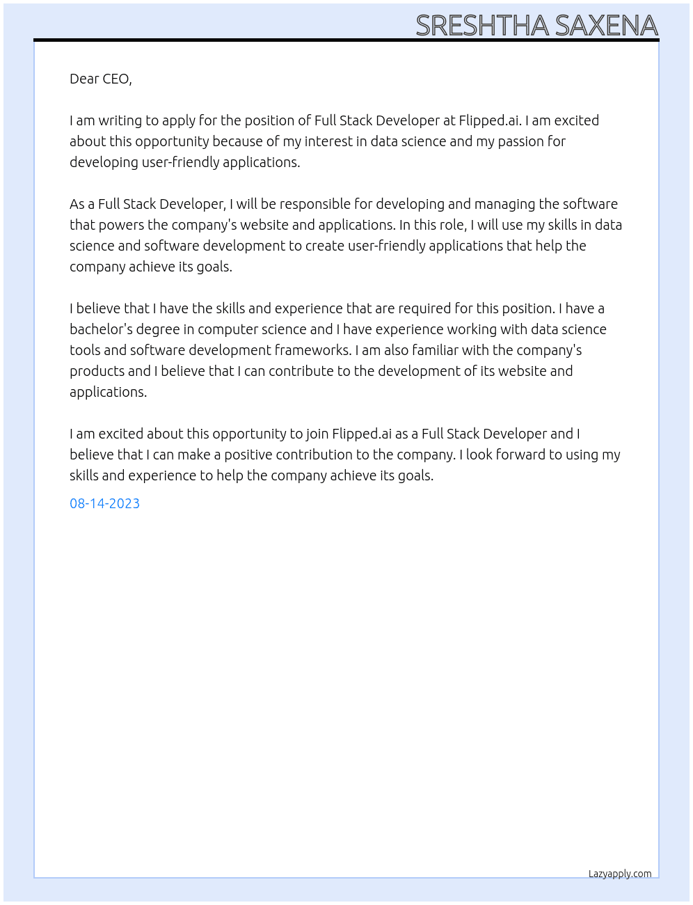 Full Stack Developer At Flipped.ai Cover Letter