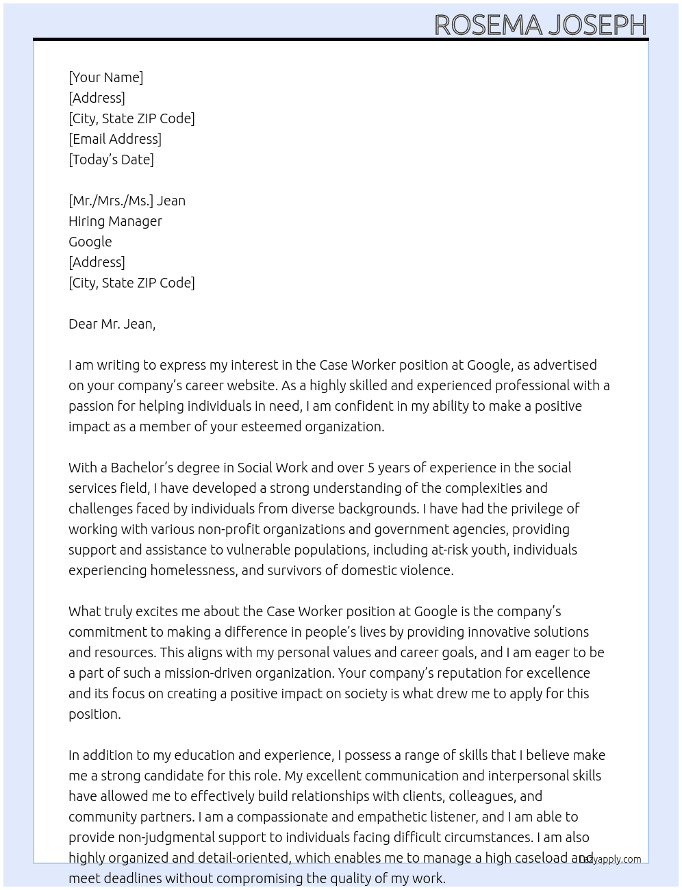 case worker At google Cover Letter
