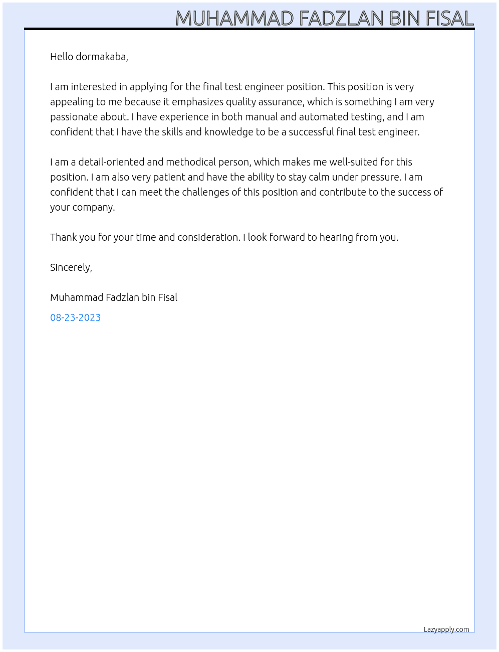 final test engineer At dormakaba Cover Letter