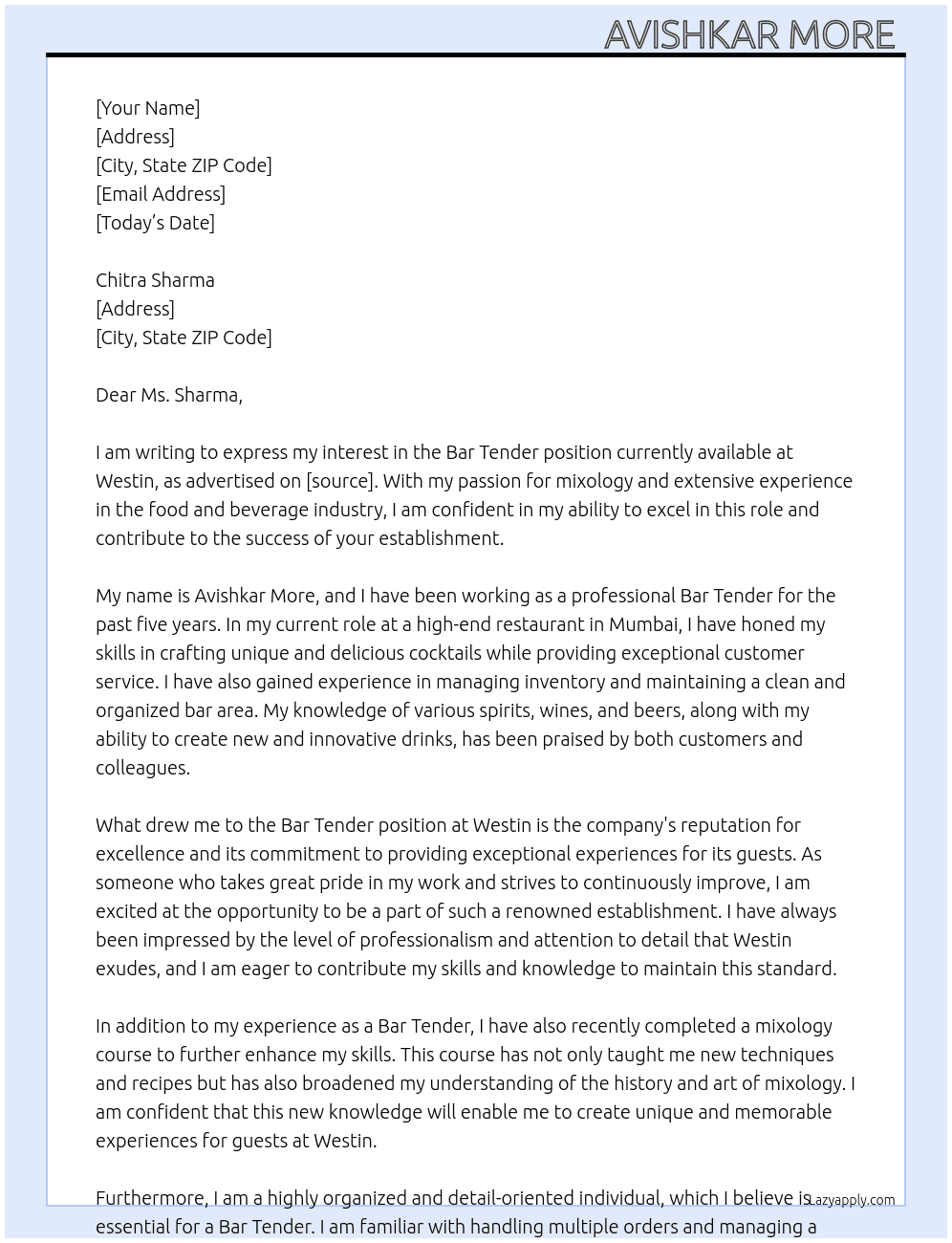 Bar tendin At Westin  Cover Letter