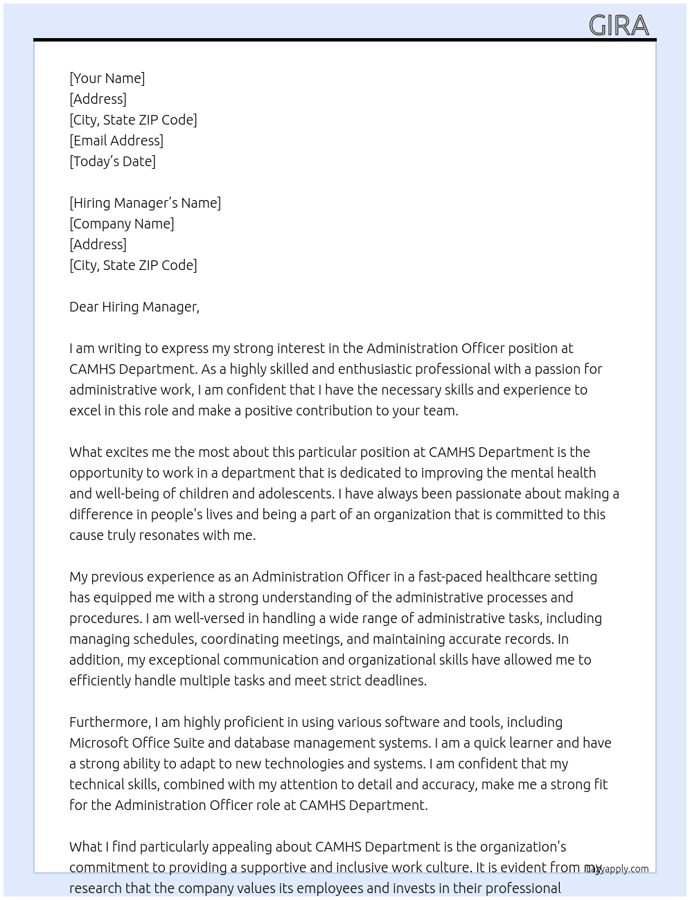 Administration officer  At CAMHS Department  Cover Letter