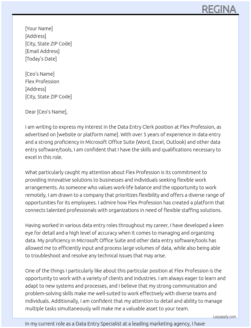 Data Entry clerk At Flex professio Cover Letter