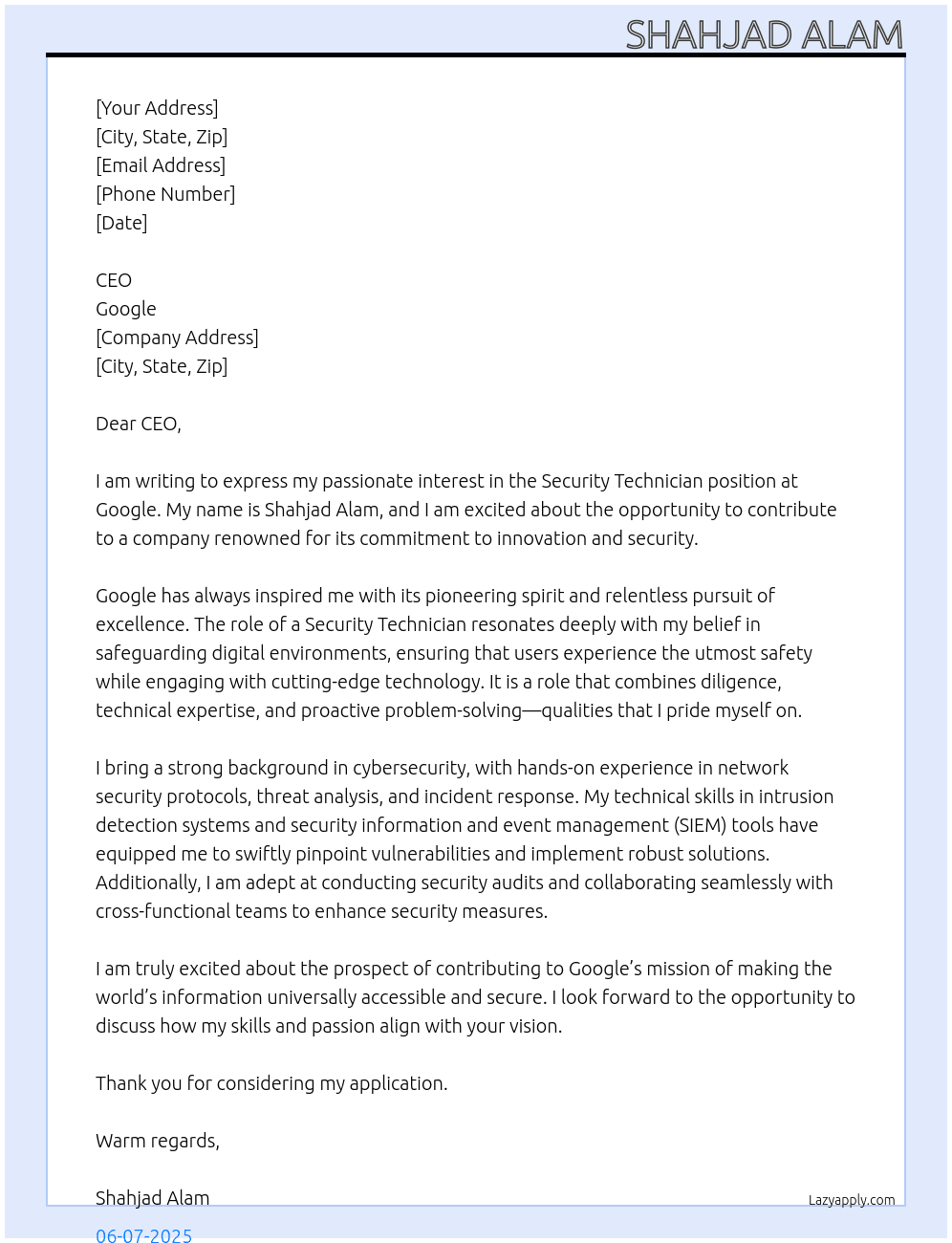 Cover letter for security technician - LazyApply