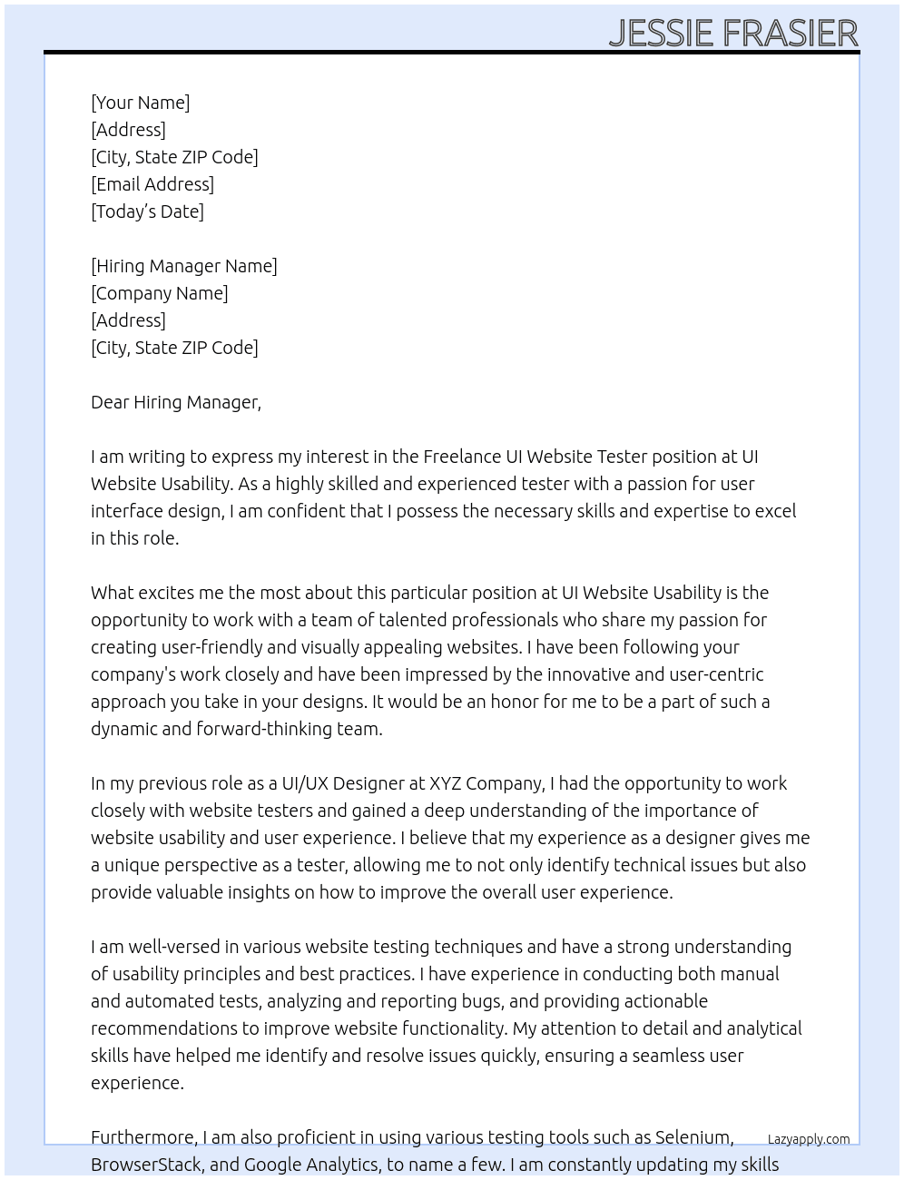 Freelance UI Website Tester At UI Website Usability  Cover Letter