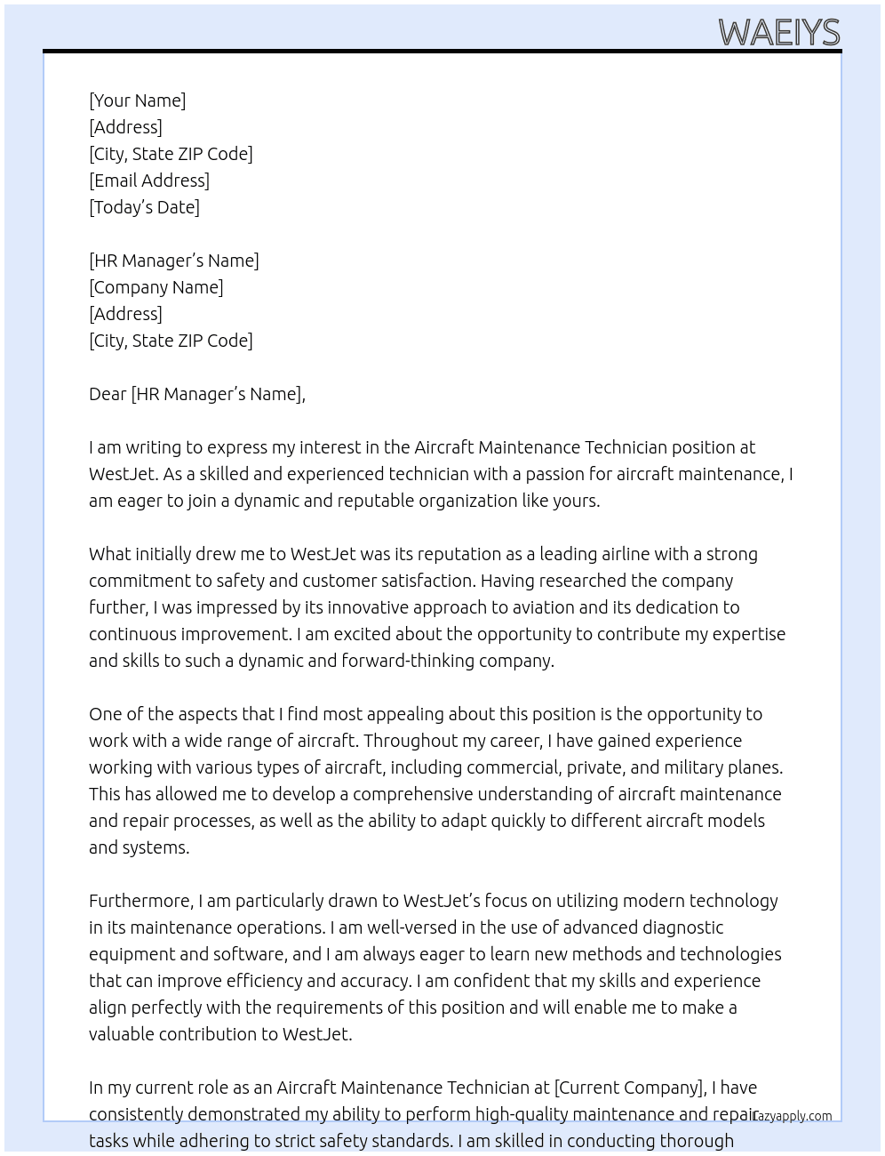 Aircraft maintenance technician At westjet Cover Letter