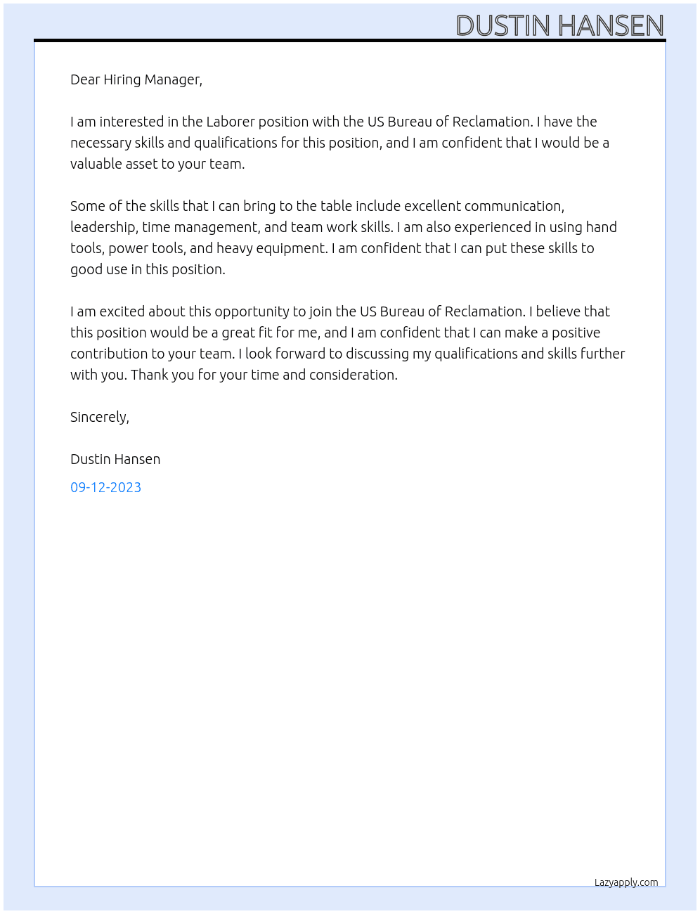 Laborer At US Bureau of Reclamation  Cover Letter