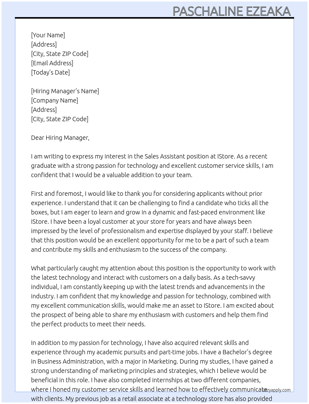 Sales assistant no experience At IStore Cover Letter