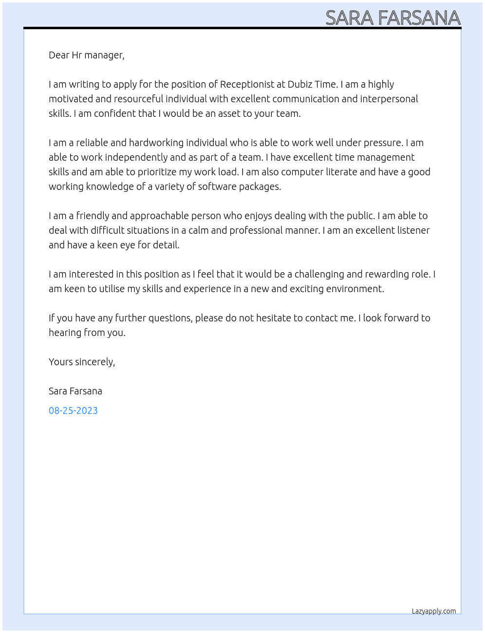 Receptionist  At Dubiz Time  Cover Letter