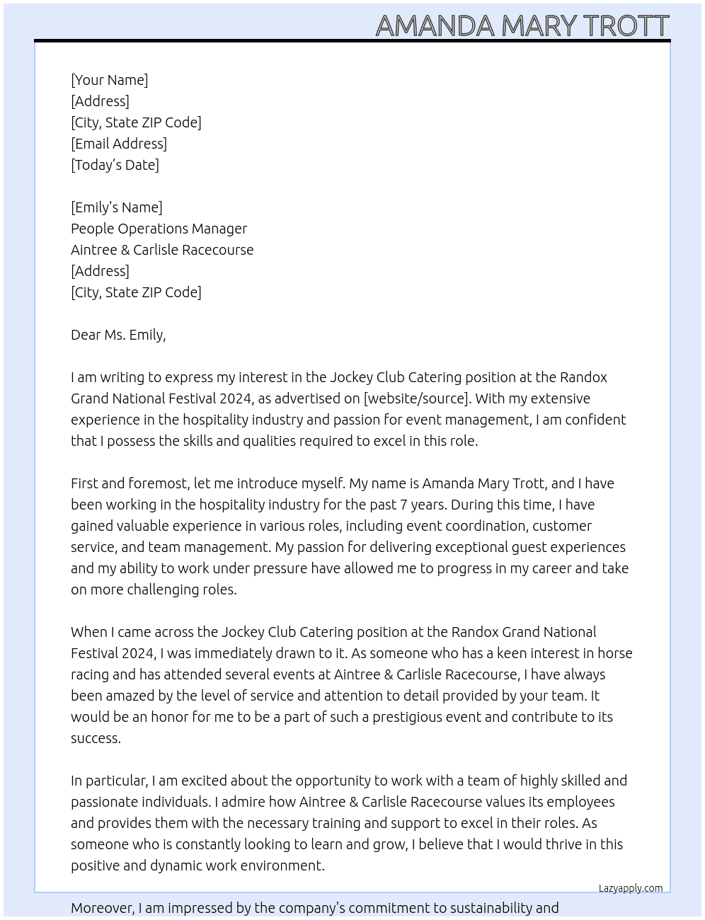 Jockey Club Catering At Randox Grand National Festival 2024 Cover Letter