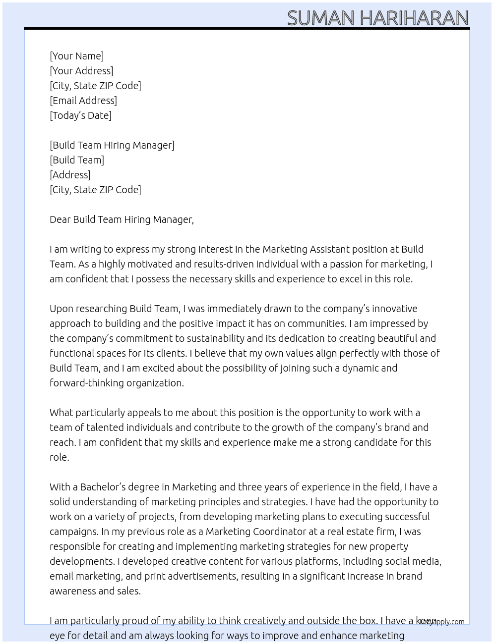 Marketing Assistant At Build Team Cover Letter