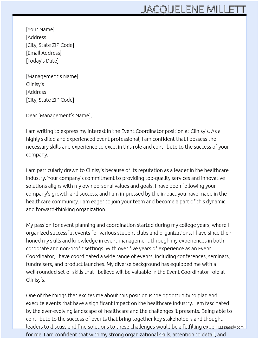 Event coordinator  At Clinisy’s Cover Letter