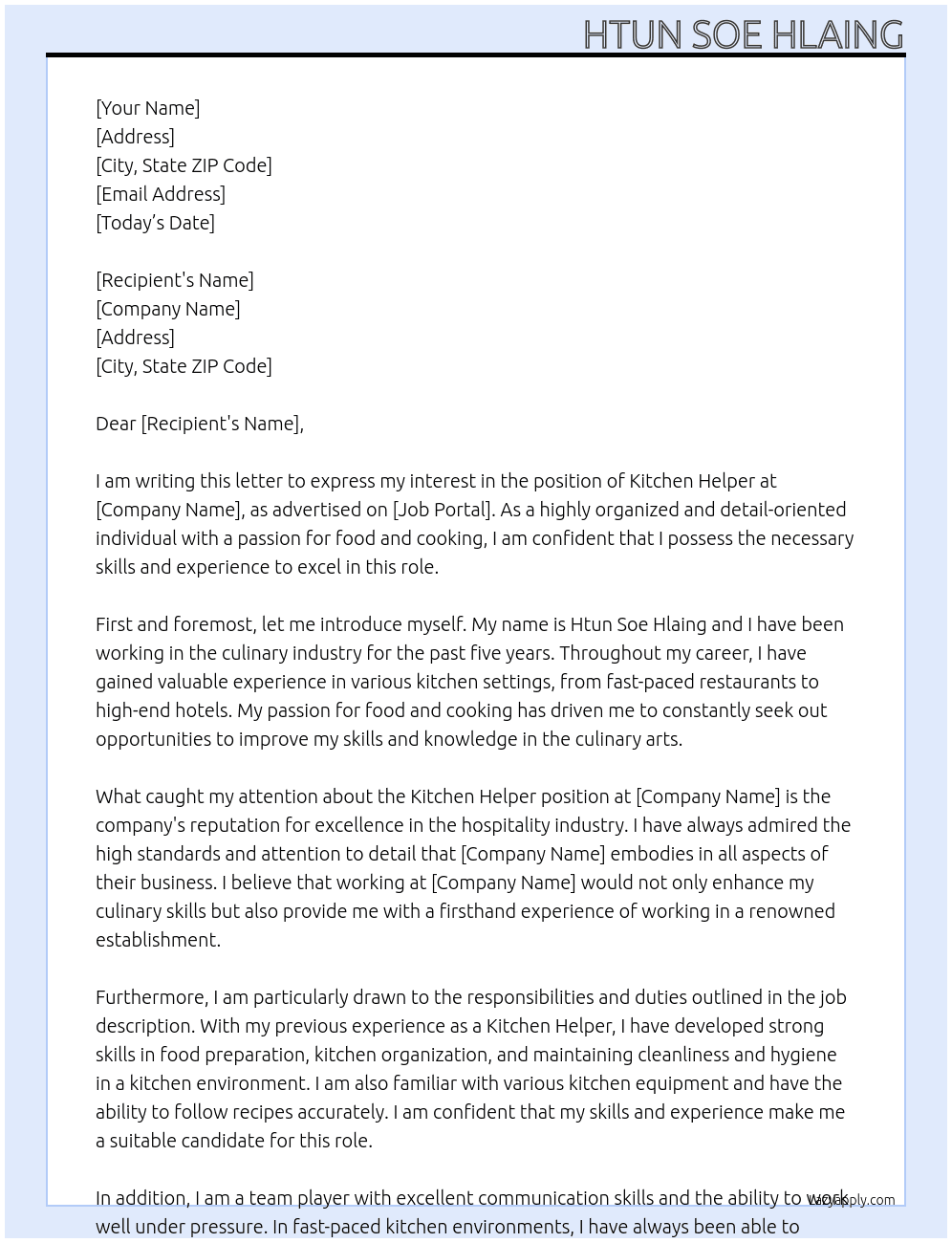 kitchen Helper At hotel  Cover Letter