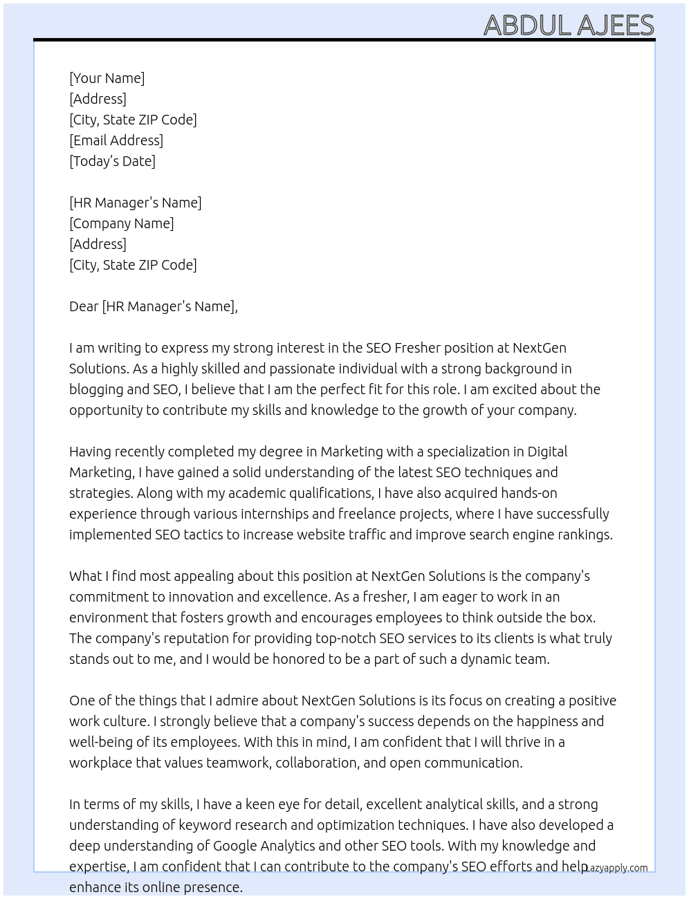SEO Fresher At NextGen Solutions Cover Letter