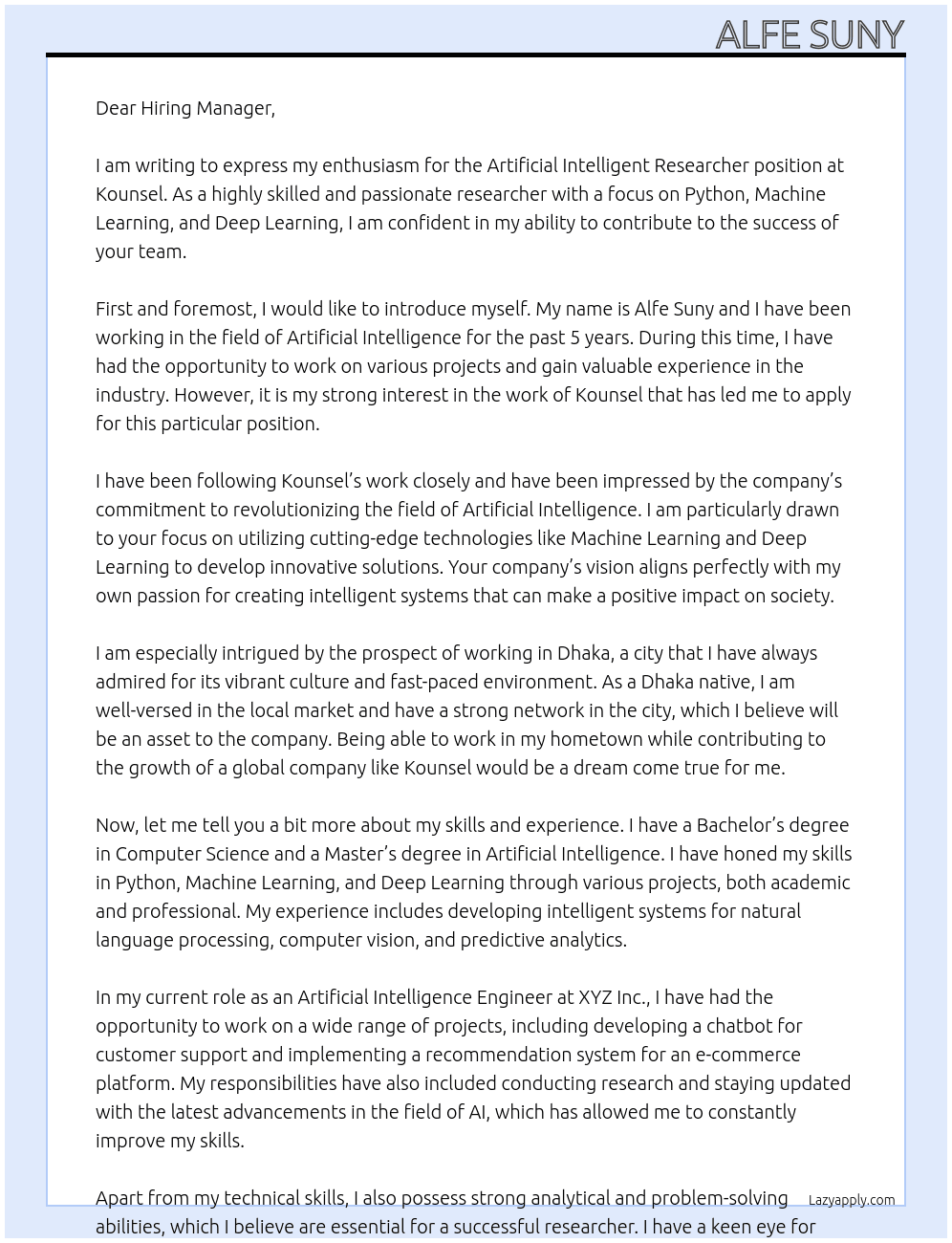 Artificial Intelligent Researcher At kounsel Cover Letter