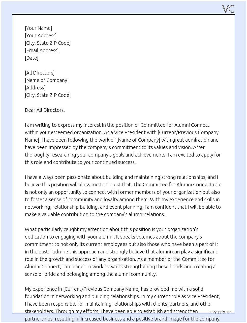 committe for alumni connect At All Directors Cover Letter
