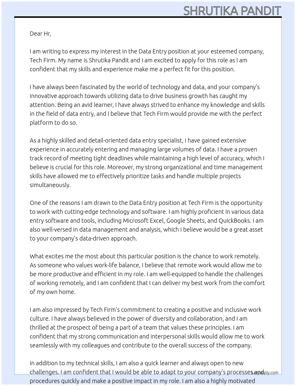 Data entry At Tech firm Cover Letter