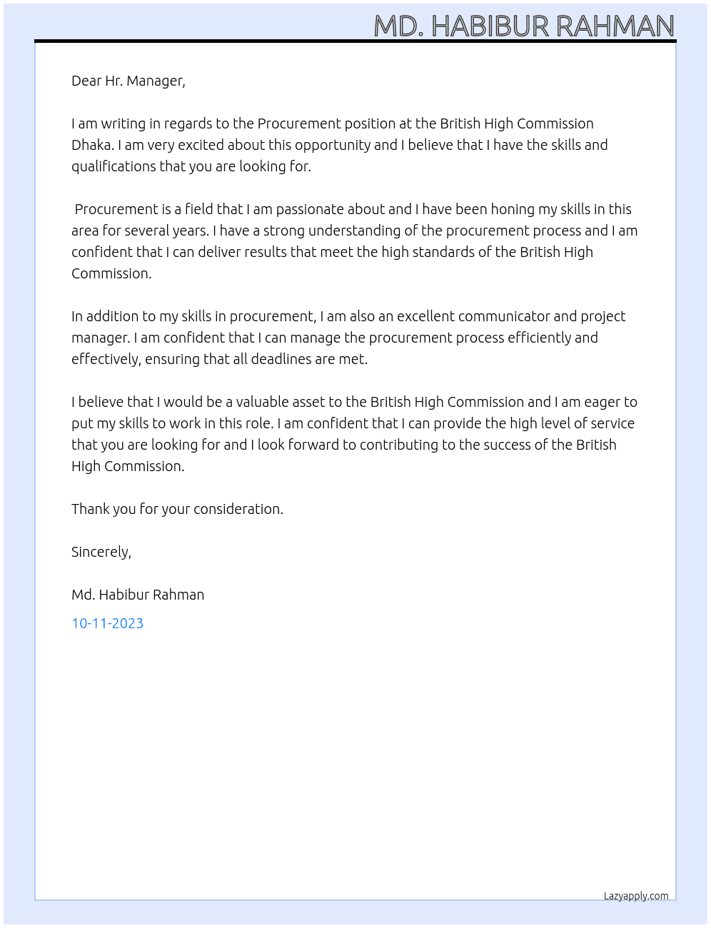 Procurement  At British High Commission Dhaka Cover Letter