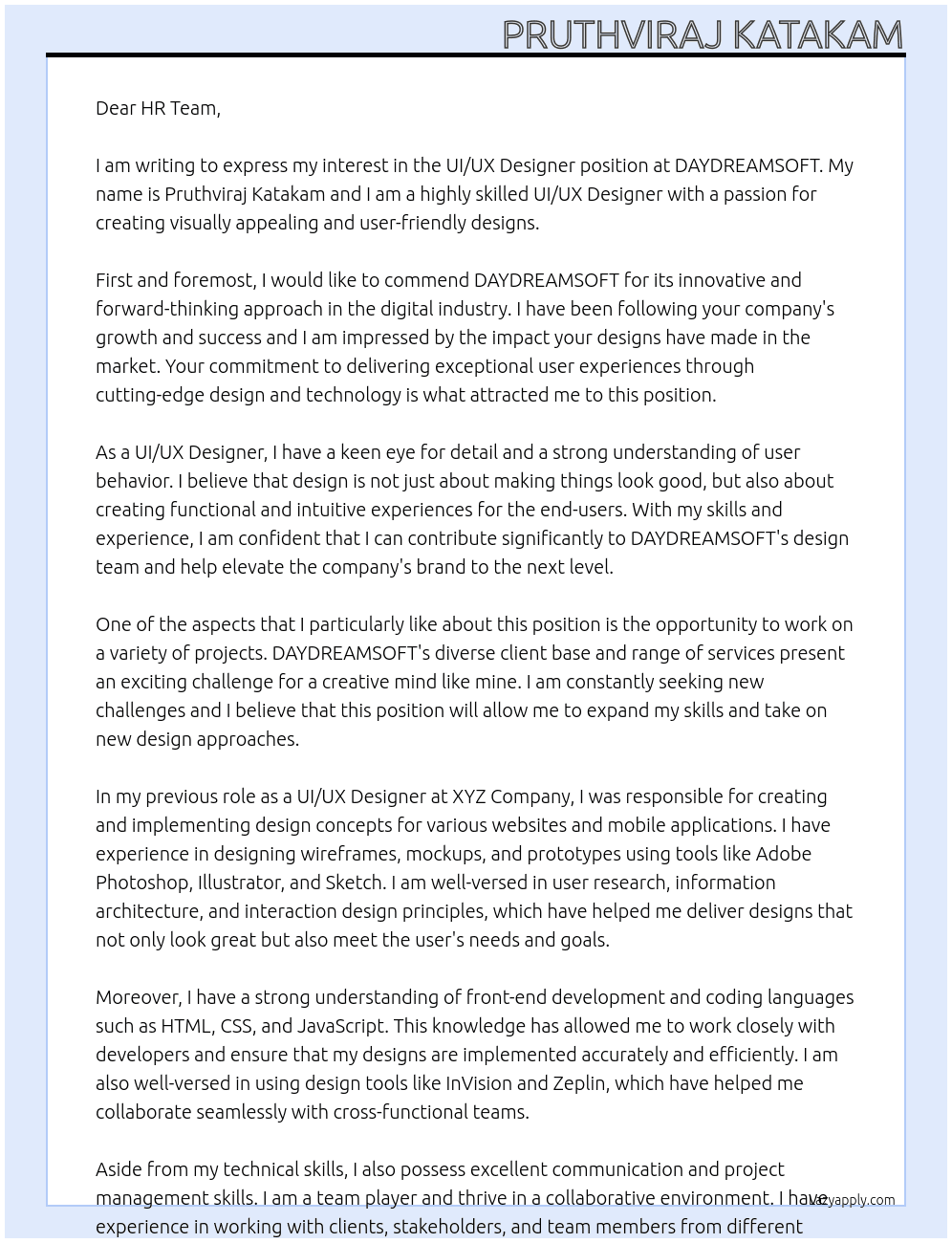 uiux designer At DAYDREAMSOFT Cover Letter