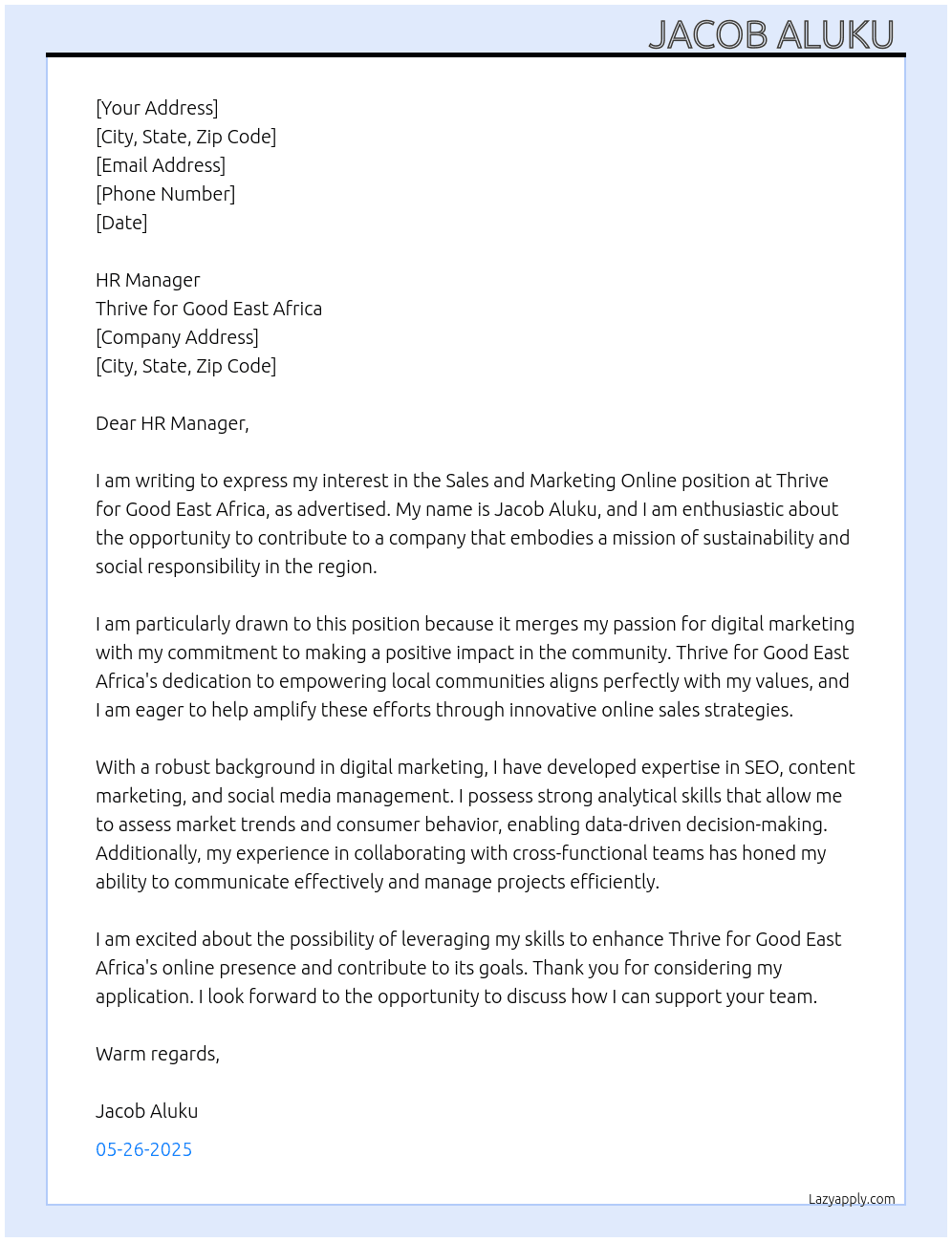 Cover letter for sales and marketing online - LazyApply