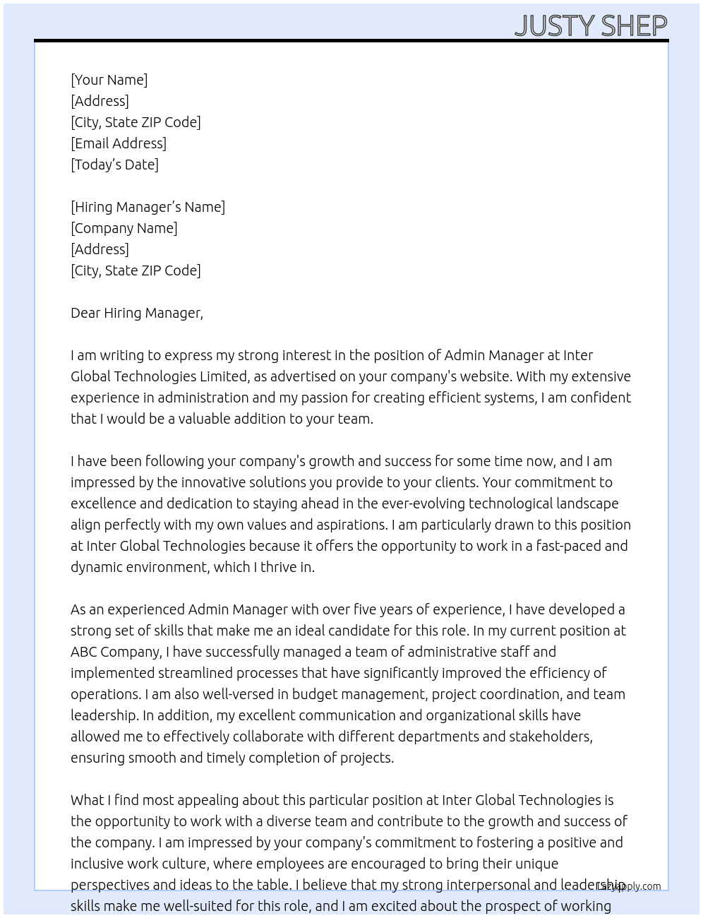 ADMIN MANAGER  At Inter Global Technologies Limited Cover Letter