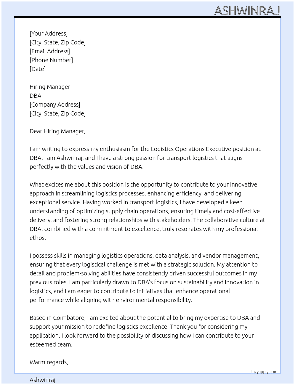 Logistics At DBA  Cover Letter