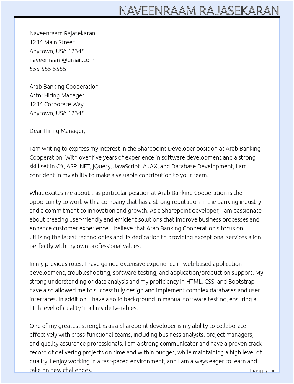 Sharepoint developer At Arab Banking Cooperation Cover Letter