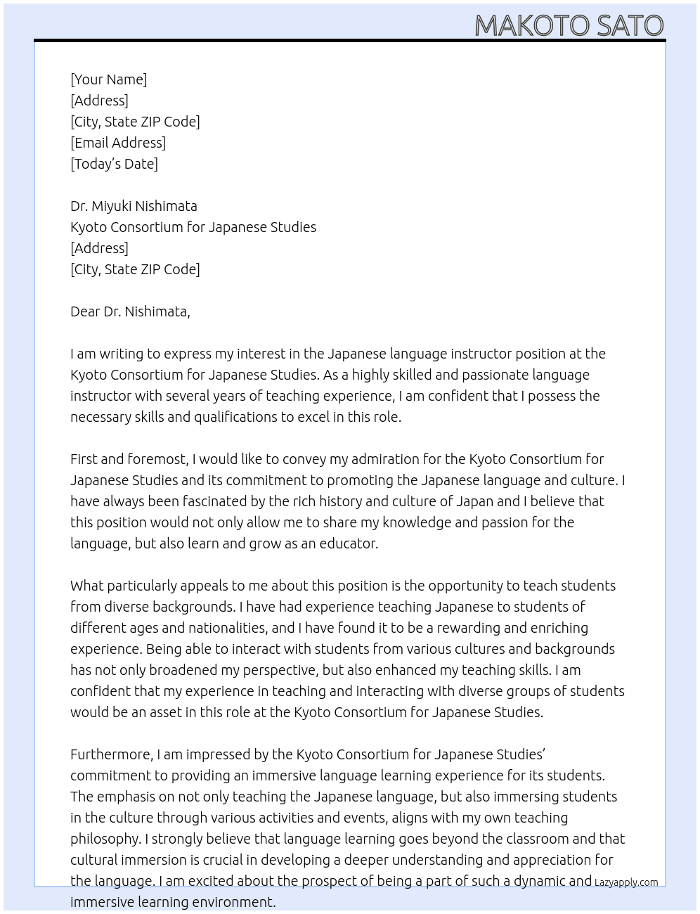 Japanese language instructor At Kyoto Consortium for Japanese Studies Cover Letter