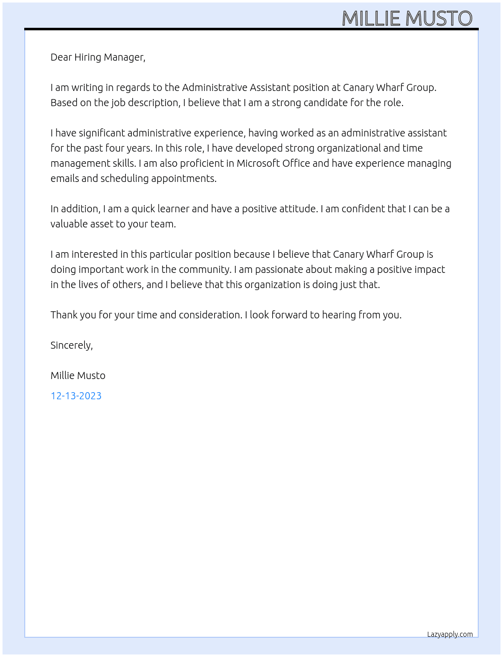 Administrative Assistant  At Canary Wharf Group  Cover Letter