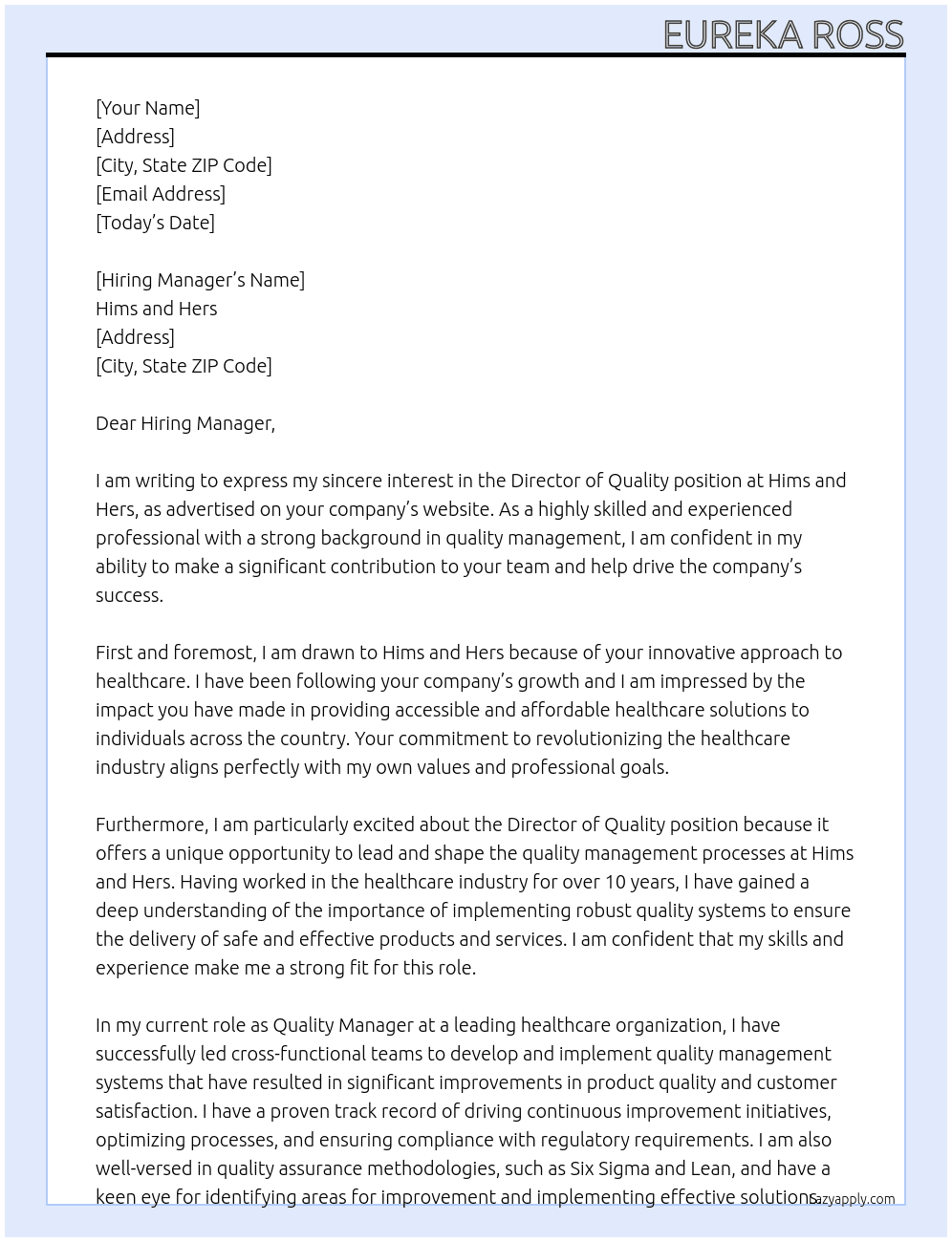 Director of Quality At Hims and Hers Cover Letter