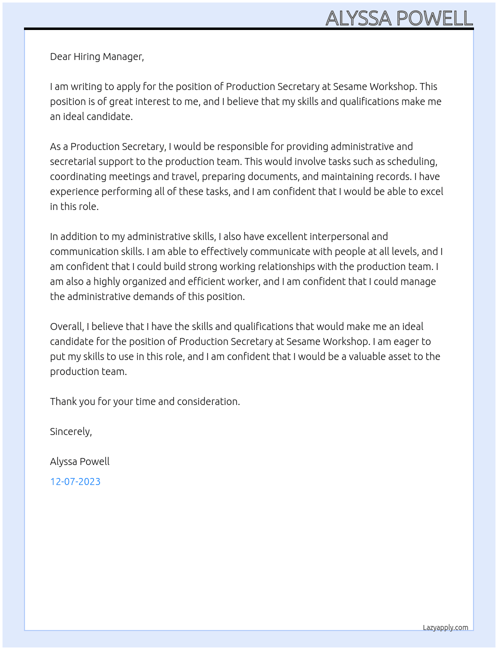 Production Secretary  At Sesame Workshop  Cover Letter