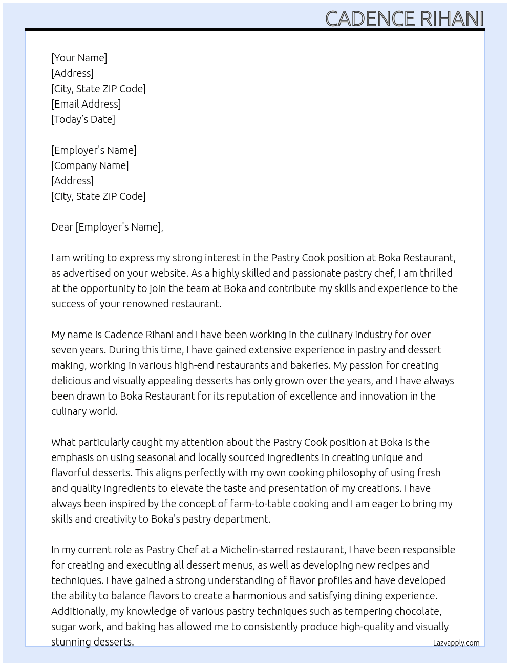 Pastry Cook At Boka Cover Letter