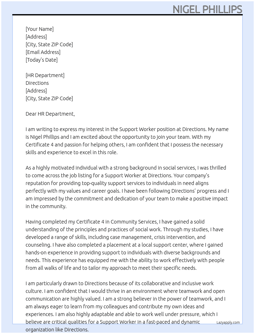 Support worker At Directions Cover Letter